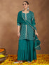 Janasya Women's Teal Green Georgette Embellished Foil Printed Straight Kurta With Sharara & Dupatta